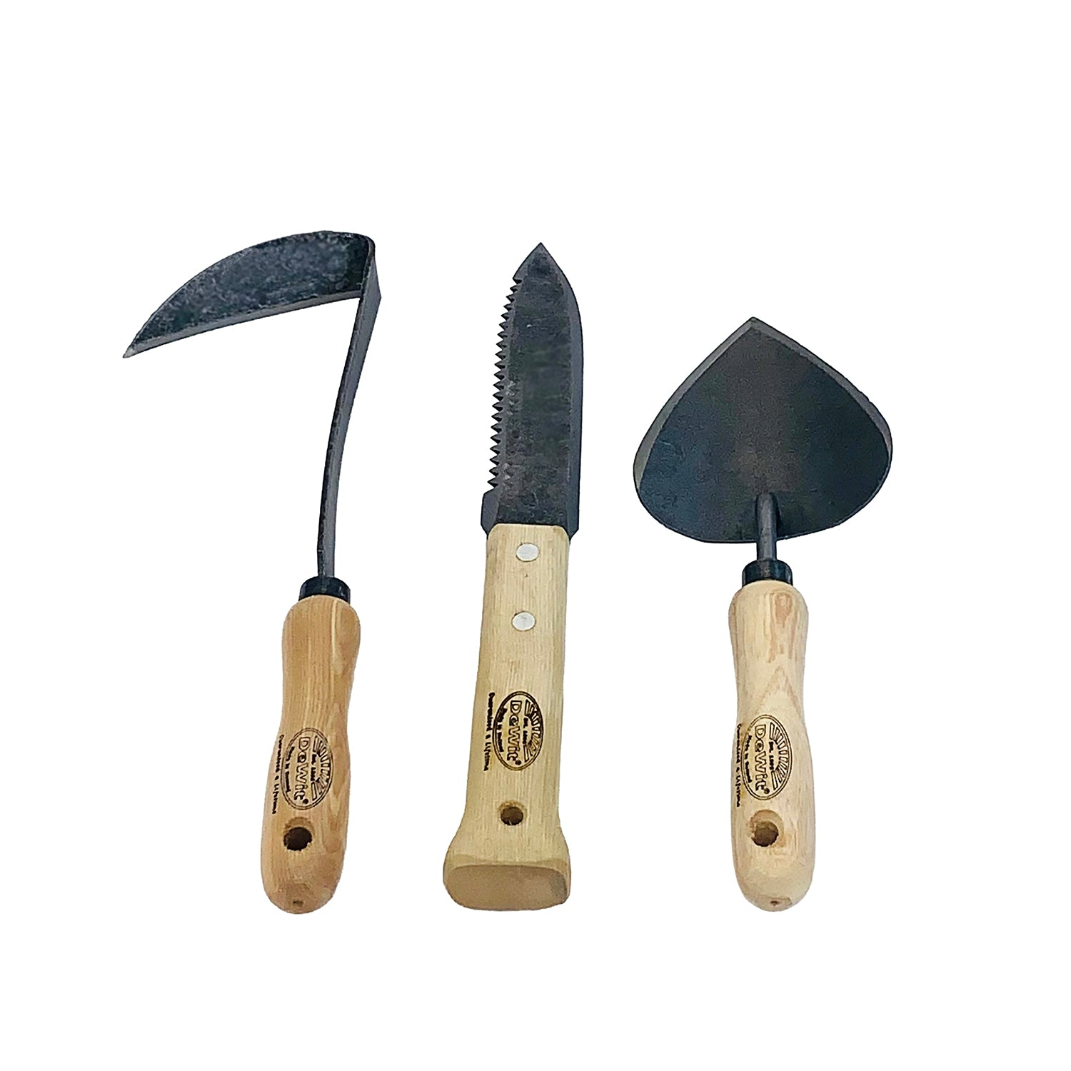 DeWit Tool Set - 3 Piece Repotting/Transplanting with Potting Trowel, Right-Hand Japanese Hand Hoe, Serrated Farmer's Dagger.