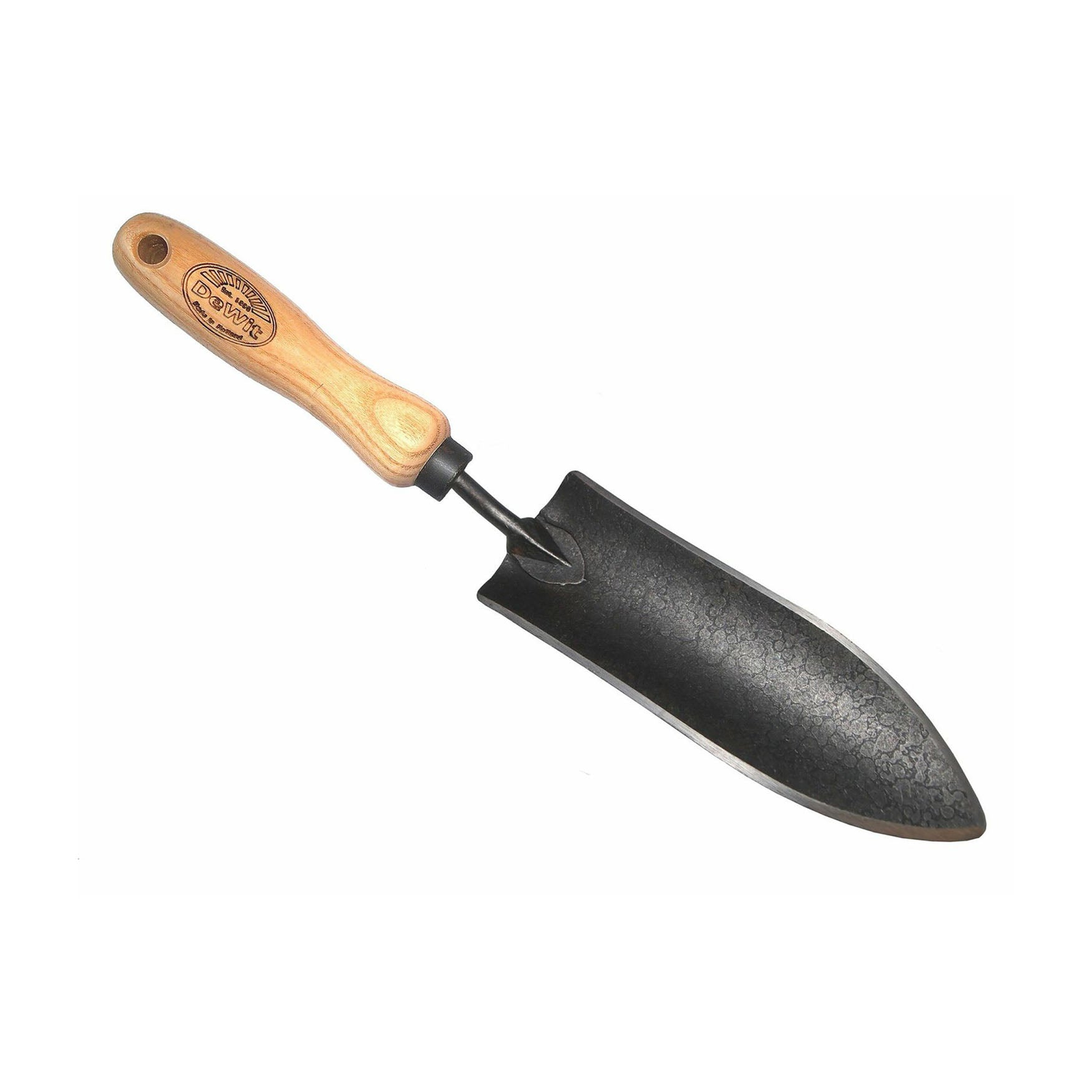 DeWit Transplant Trowel with ash hardwood handle and forged boron steel blade, 7-inch head.