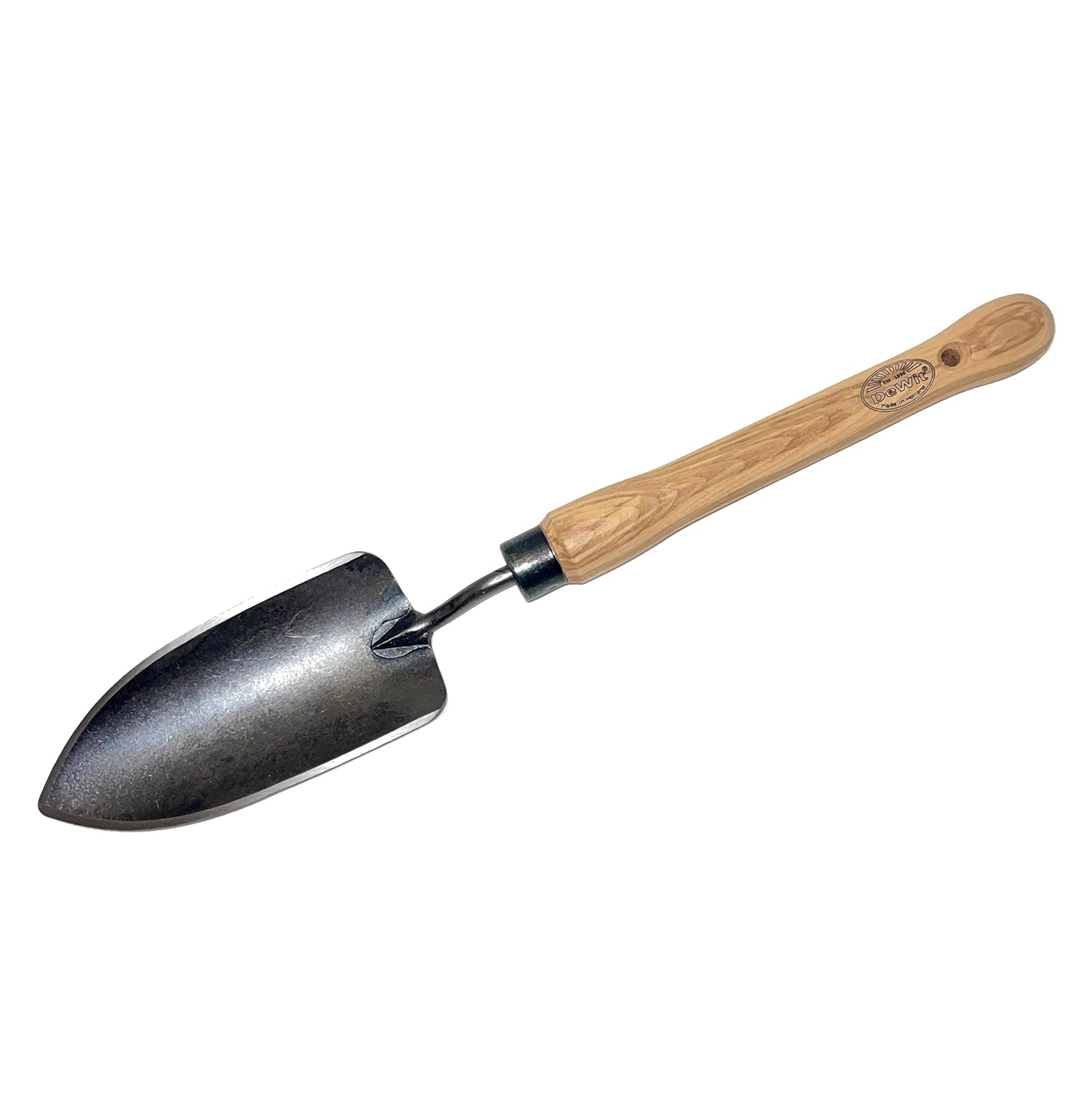 DeWit trowel with midsize handle, 18" total length, ash hardwood handle, durable boron steel head.
