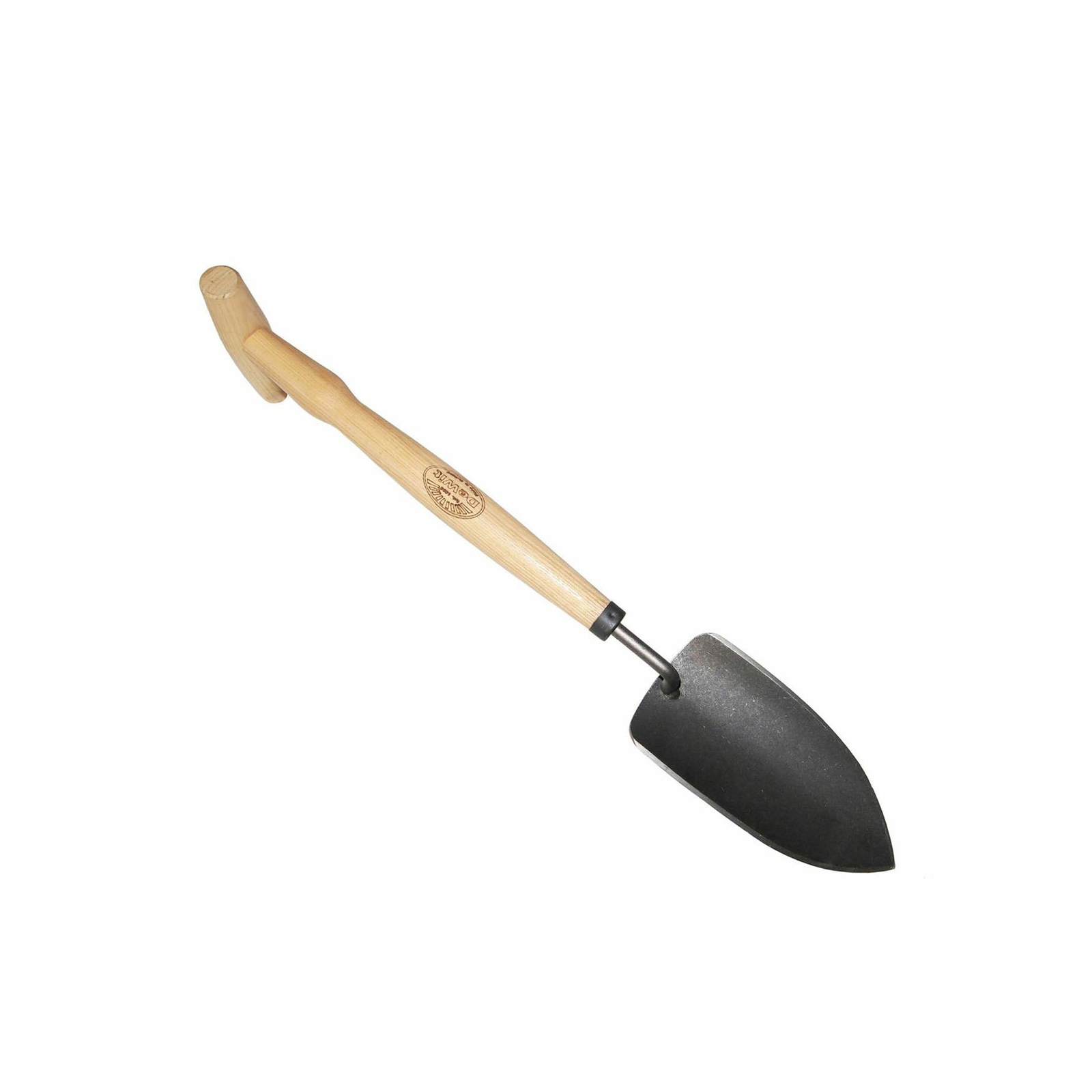 DeWit trowel with ergonomic P-Grip handle, 18" long, 0.7 lbs, forged boron steel head, ash hardwood handle.