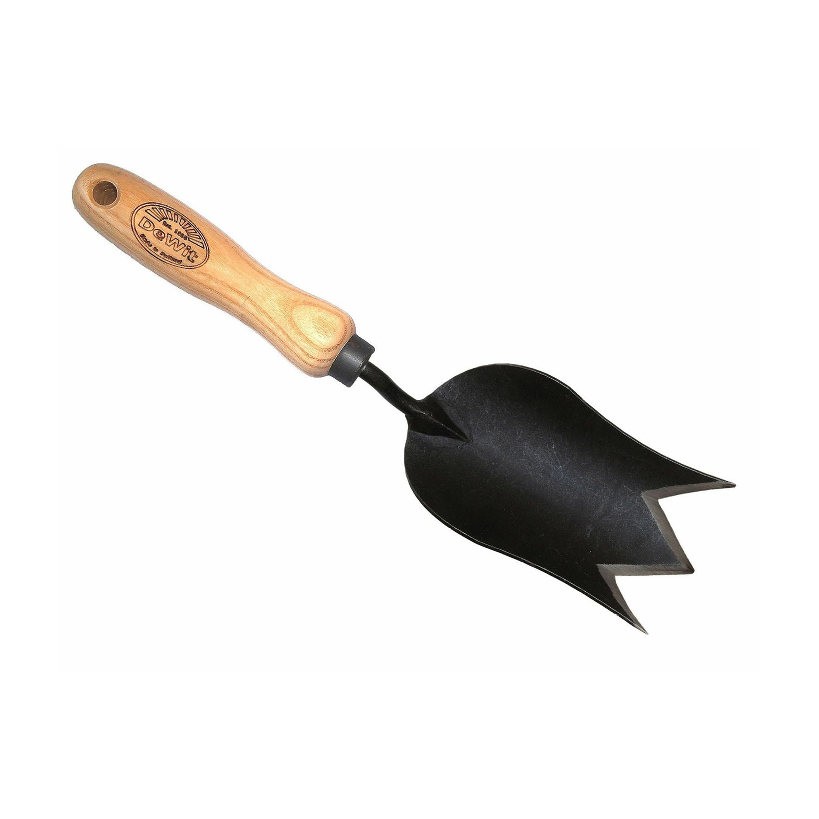 DeWit Tulip Trowel with wooden handle and black forged steel head, dimensions 4.5"L x 3"W.