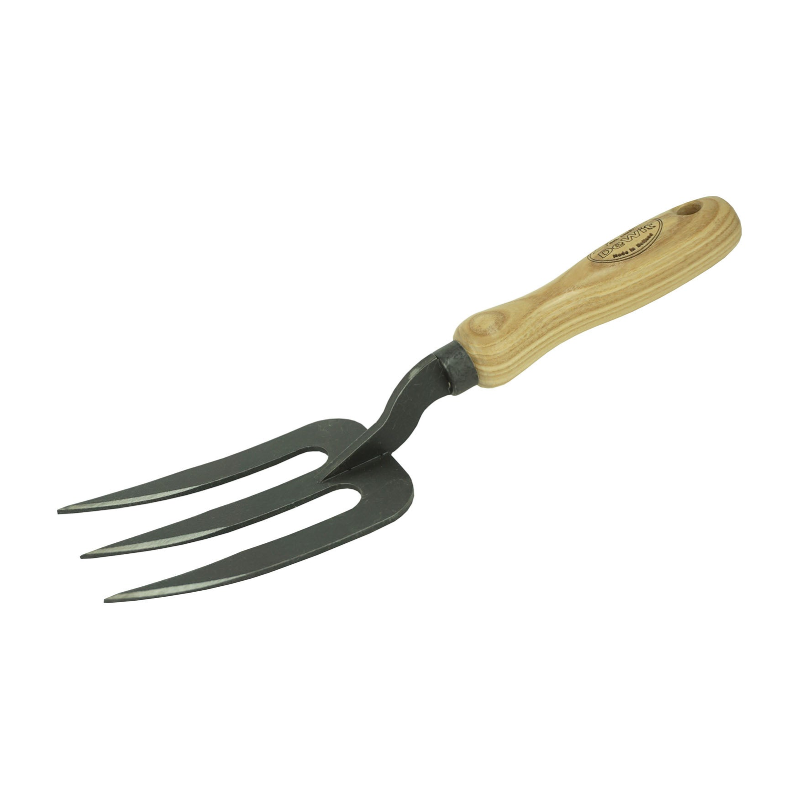 DeWit Welldone Fork with ash handle and hardened boron steel head, 10.8" total length.