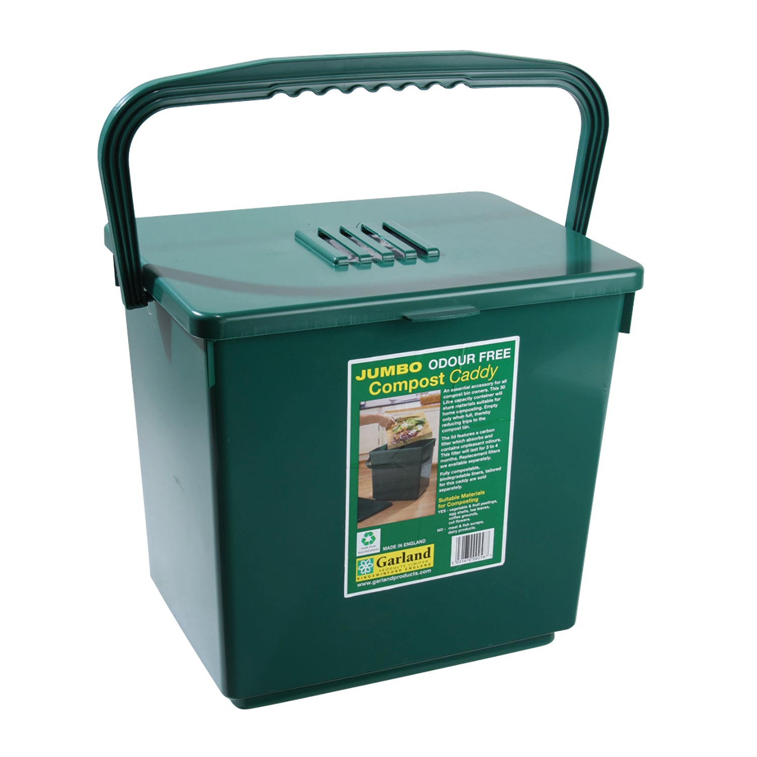 Jumbo Compost Caddy, 8 Gallon Capacity, Recycled Plastic, Odor-Reducing Charcoal Filter, 14.5"W x 11"D x 14"H, Made in England.