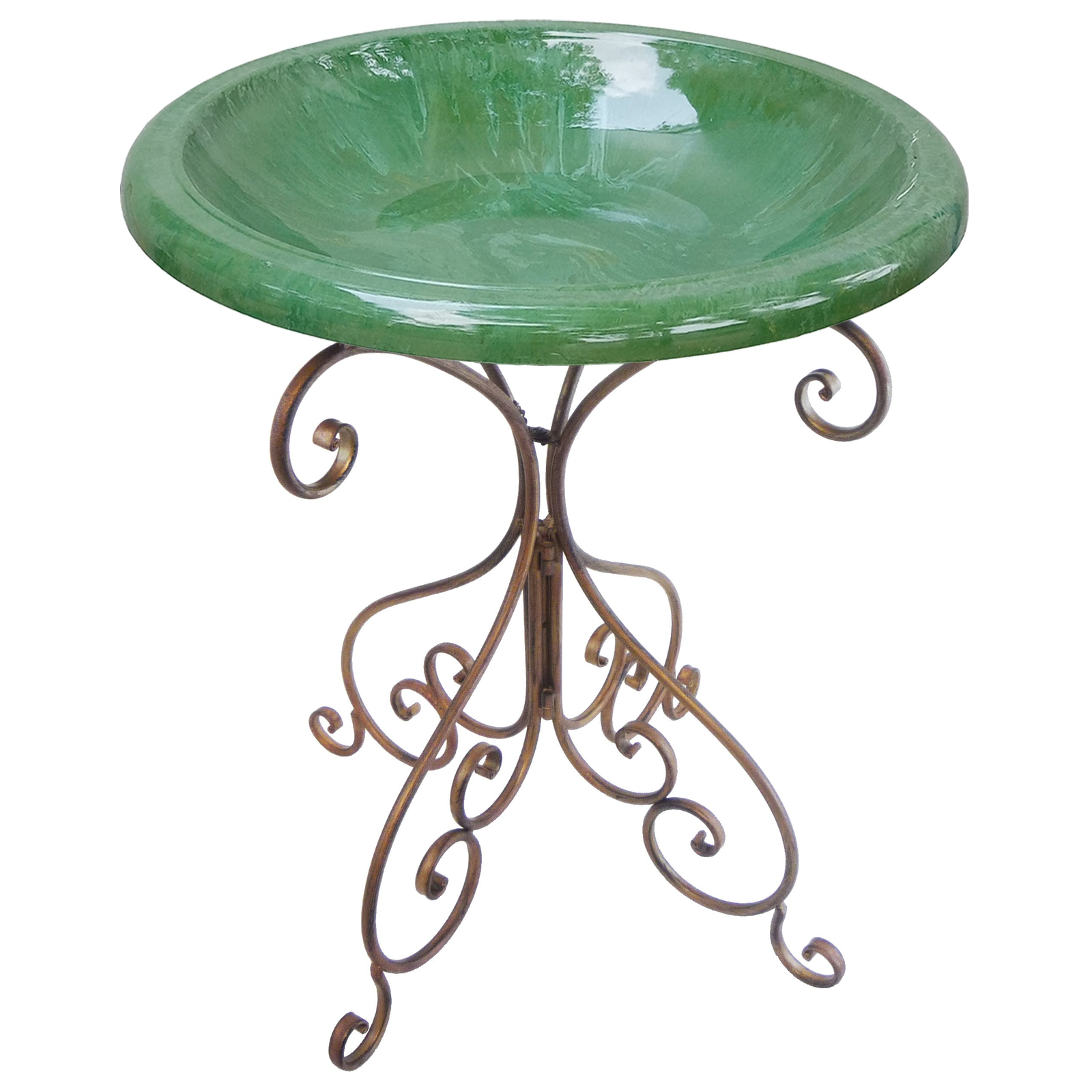 Kale Green Fiber Clay Birdbath with Antique Bronze Metal Stand