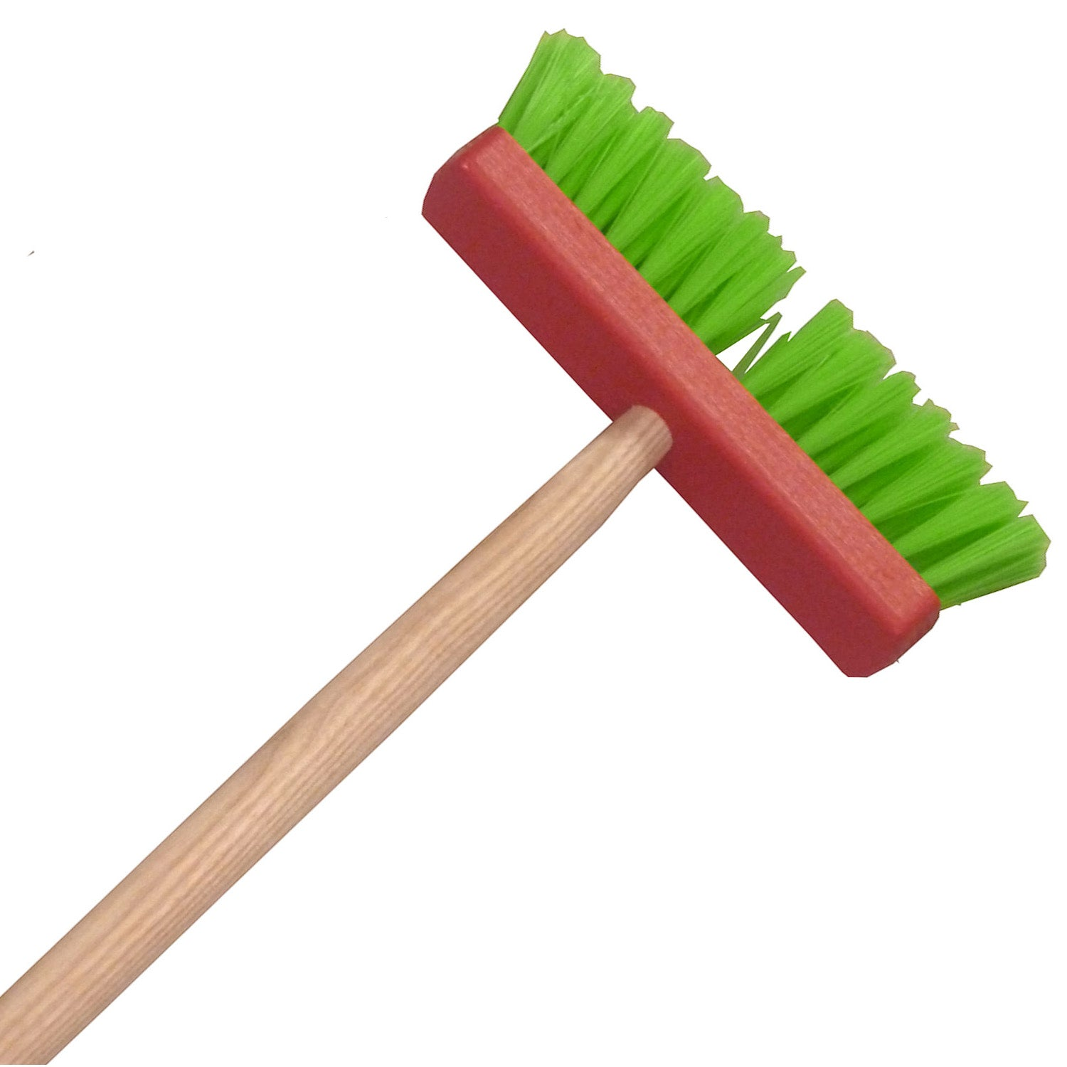 Kid's broom with wooden handle and green bristles, ideal for lightweight gardening.