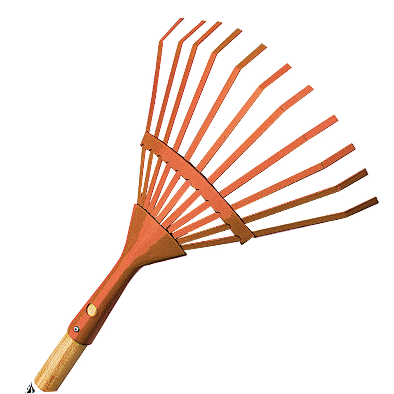 Kid's leaf rake with wooden handle and steel head, lightweight garden tool.