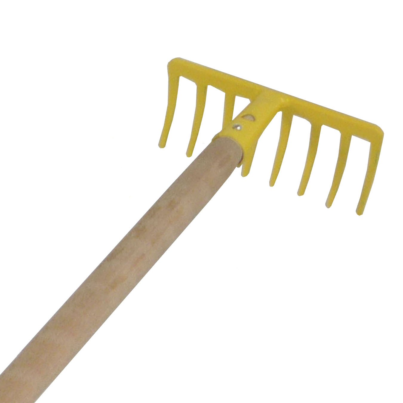 Kid's soil rake with a durable steel head and sturdy wooden handle, 35.5 inches long, ideal for gardening.