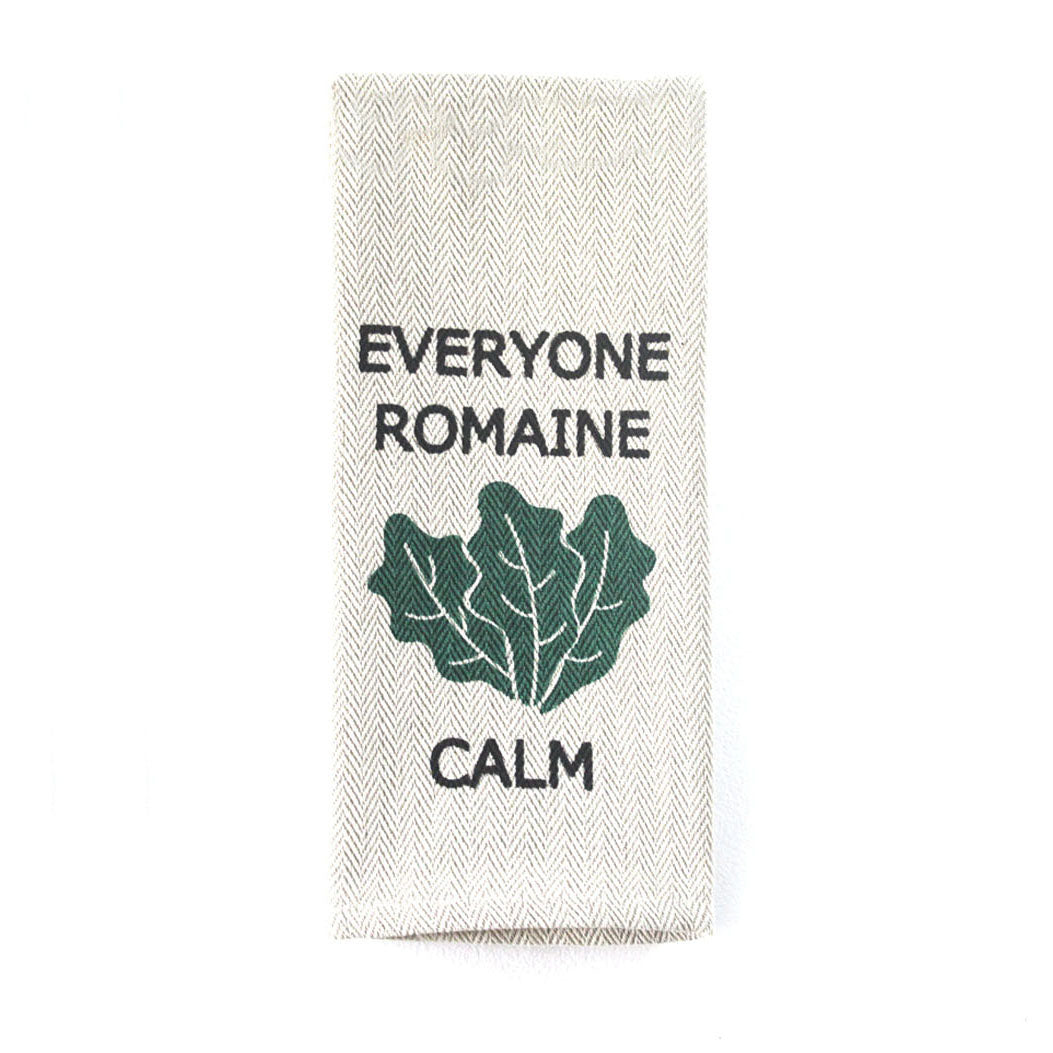 Kitchen tea towel with "Everyone Romaine Calm" design, khaki, 16x28 inches.