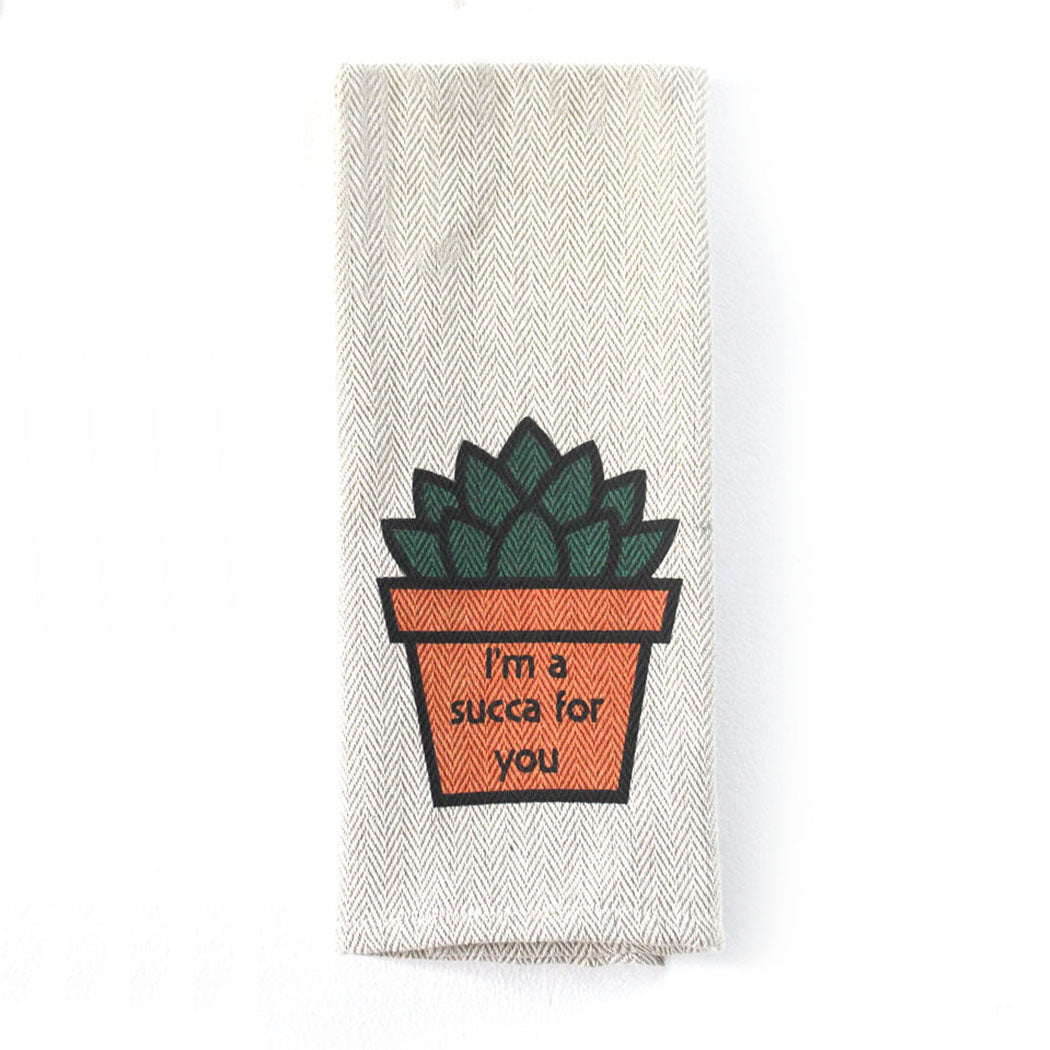 Eco-friendly khaki kitchen tea towel featuring a succulent design and text "I'm a Succa for You."
