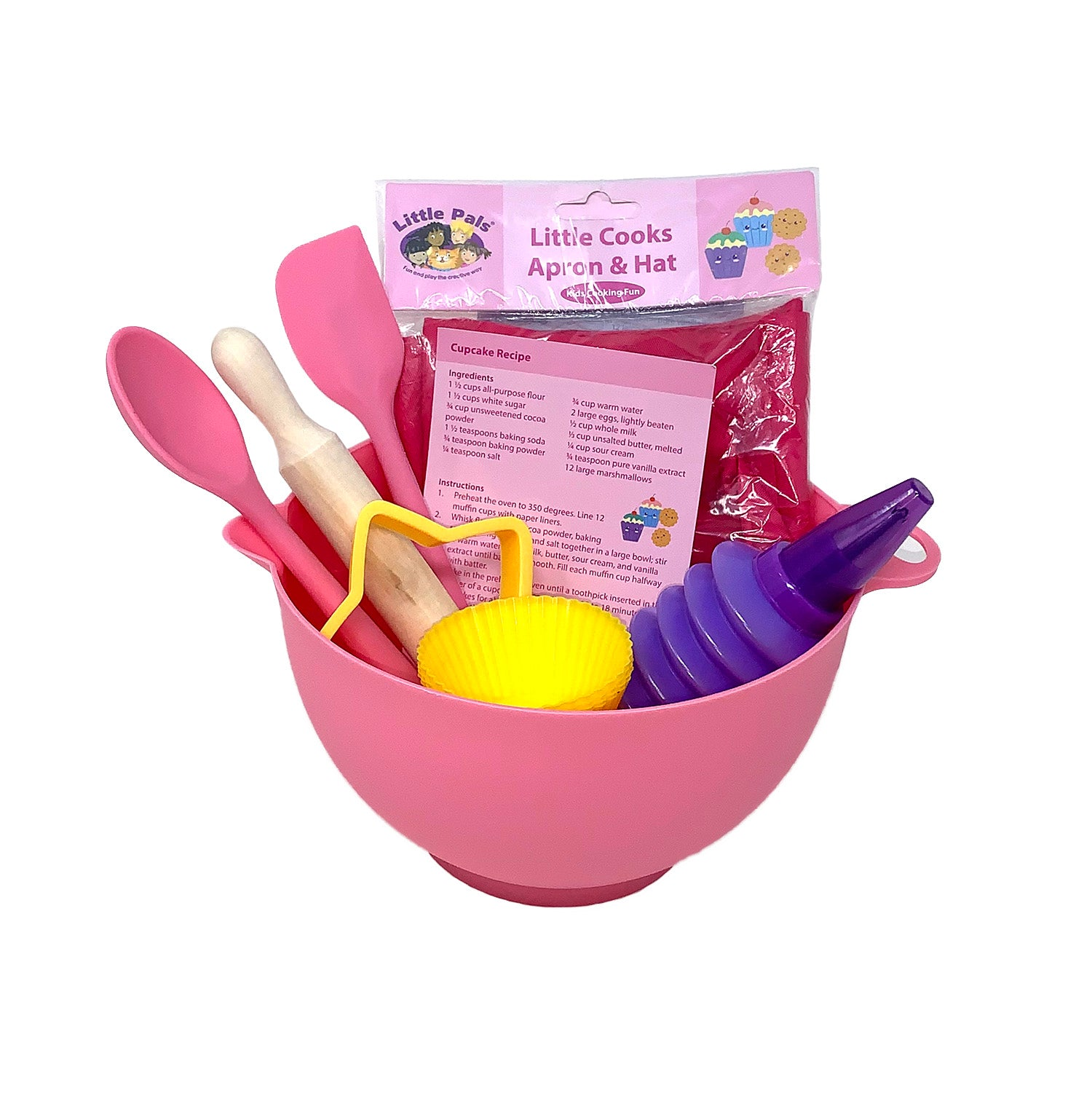 Pink Little Pals 14-Piece Kids Baking Set with bowl, utensils, apron, chef's hat, and recipe cards.