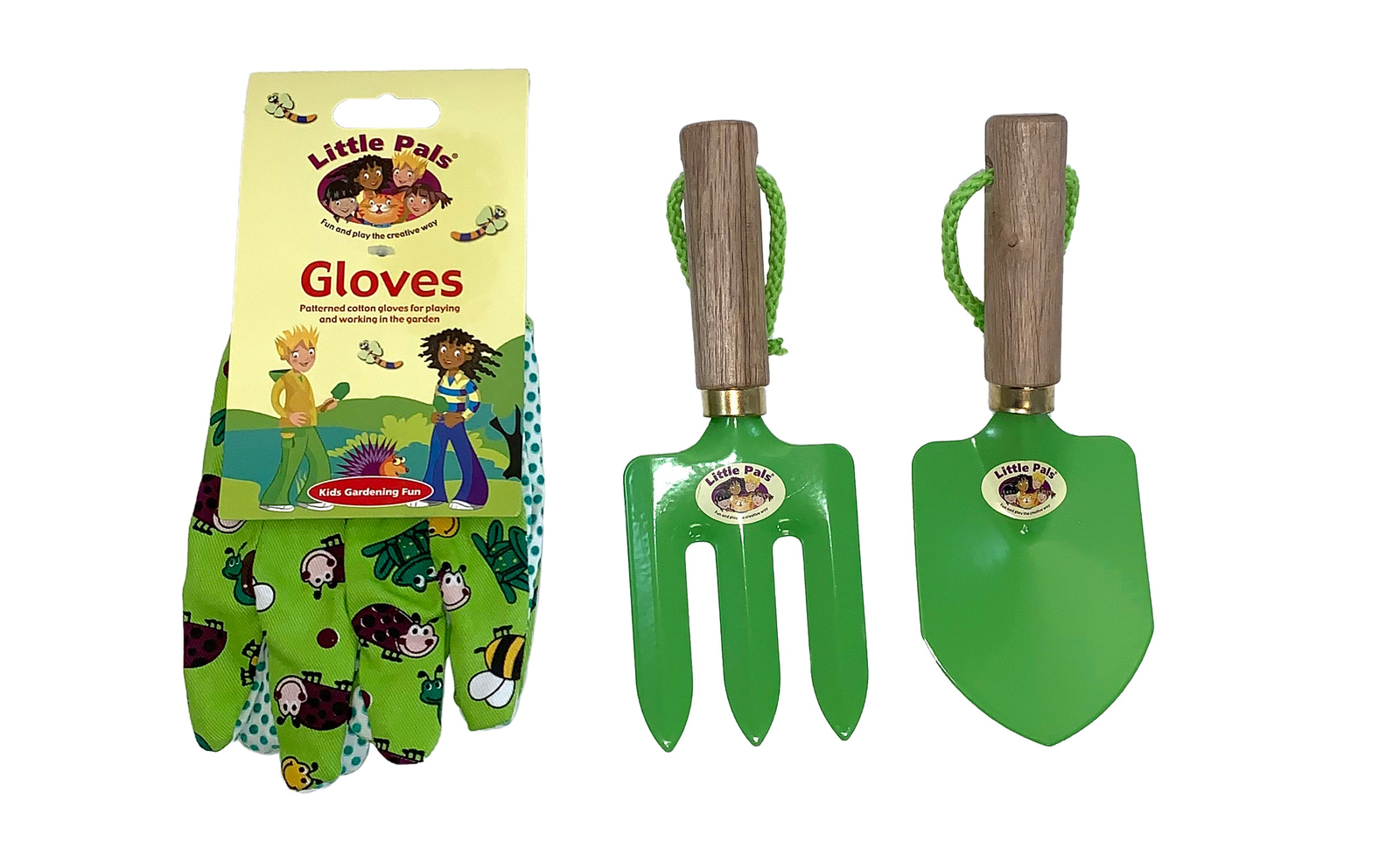 Little Pals Green Activity Kit with children's gloves, hand trowel, and fork.