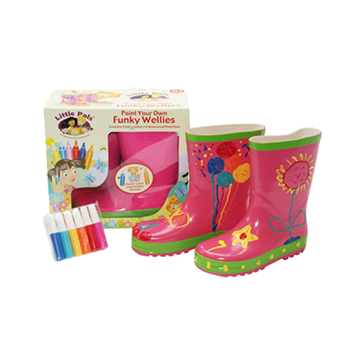 🎁 Little Pals Paint Your Own Wellies Rain Boots, Pink with Green Trim, Kids US Size 9.5 (100% off)