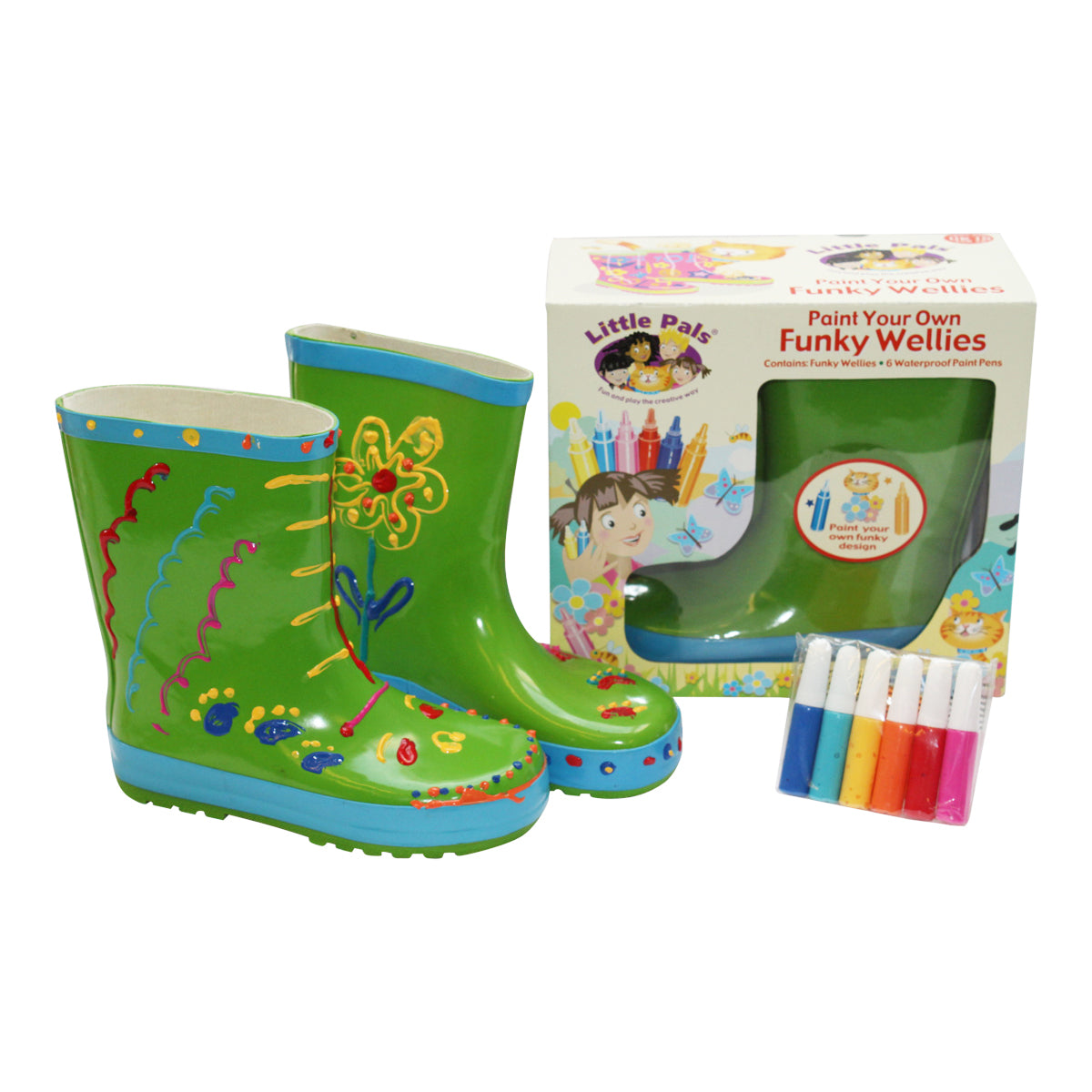 Kids' green rain boots with blue trim, customizable with included paint pens in assorted colors; US size 11.5.