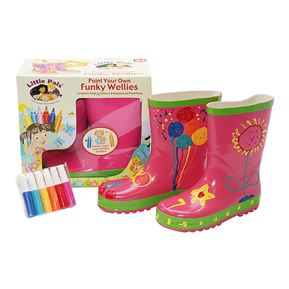 🎁 Little Pals Paint Your Own Wellies Rain Boots Pink w/Green Trim Kids US Size 11.5 (100% off)