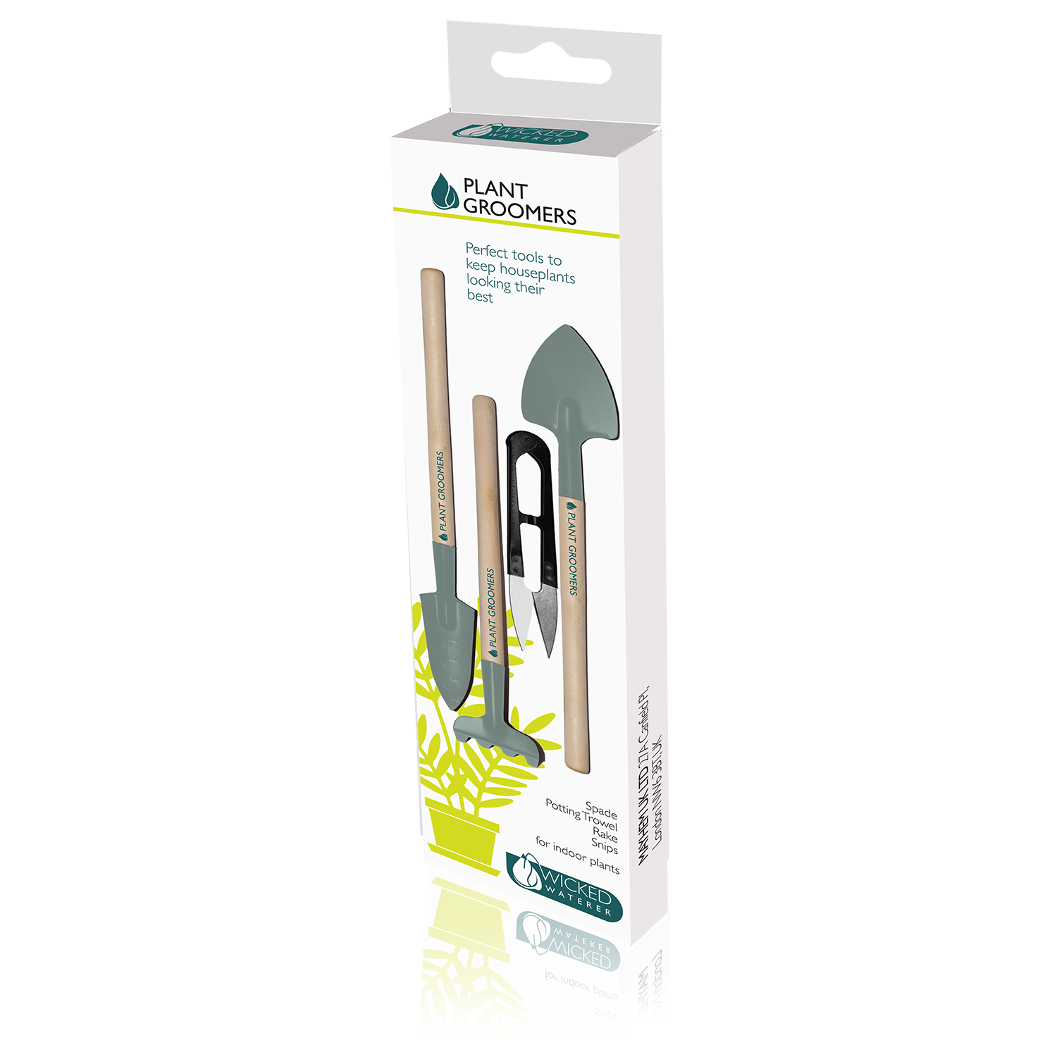 Mini plant grooming kit with 4 tools: spade, trowel, rake, and snips for indoor use.