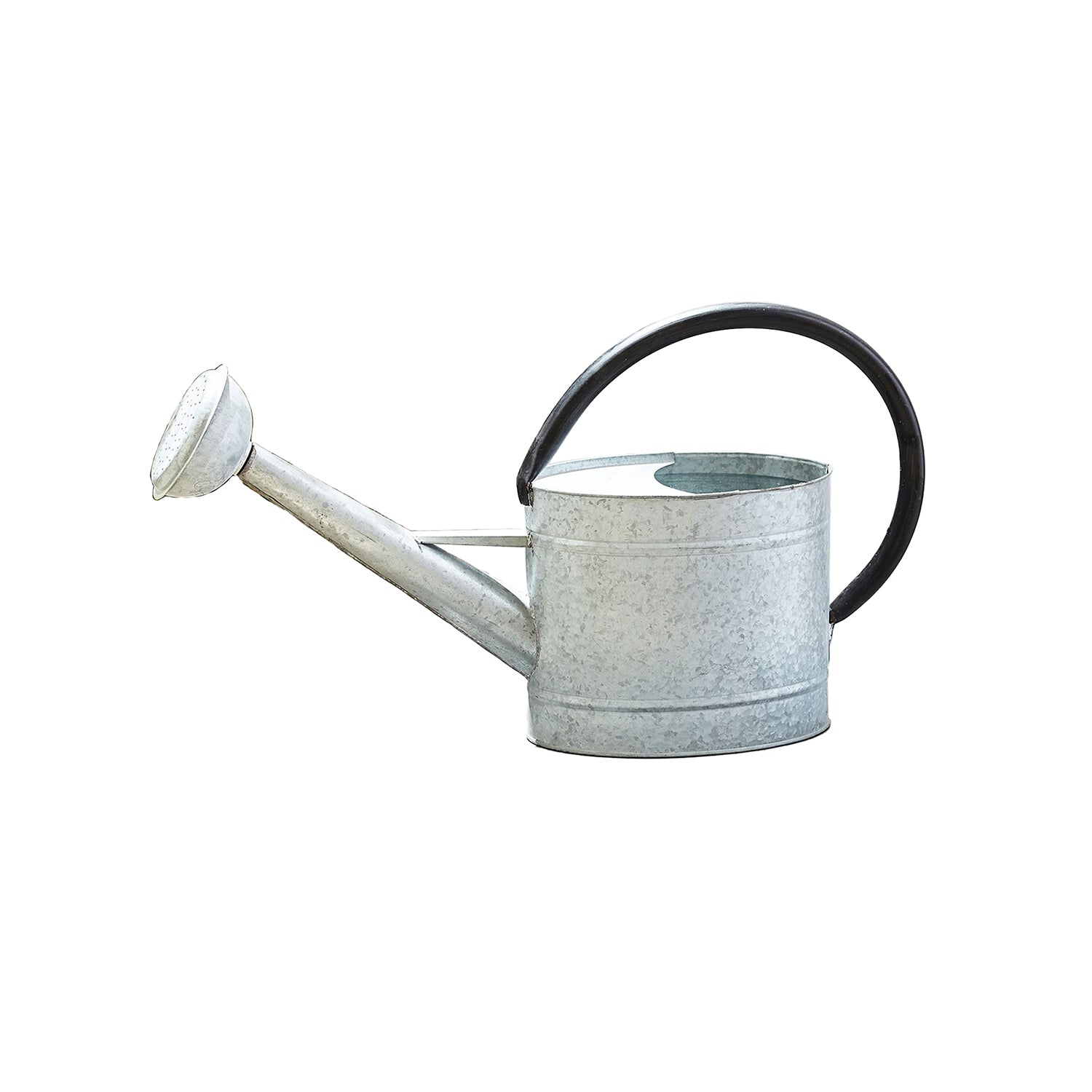 Aged zinc watering can, 0.7 gallon, oval-shaped, powder-coated galvanized steel, screw-on rosehead, 17"W x 5"D x 10"H.