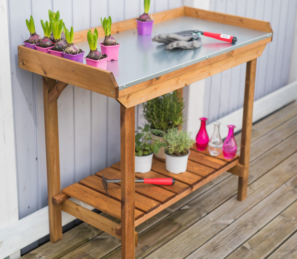 garden planting table potting bench Gardener's Table with Tin Surface