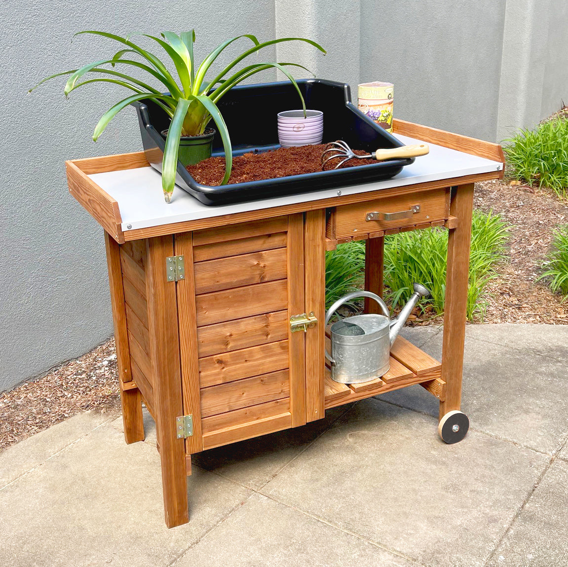 plant potting stand Tierra Garden Gardener's Table with Wheels, Cabinet and Drawer