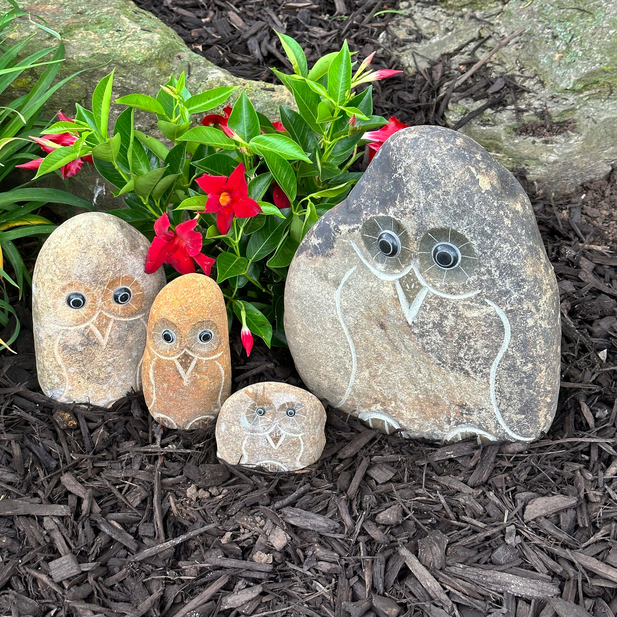 Family of Boulder Owls 4 Pcs 4&quot;6&quot;8&quot;12&quot;