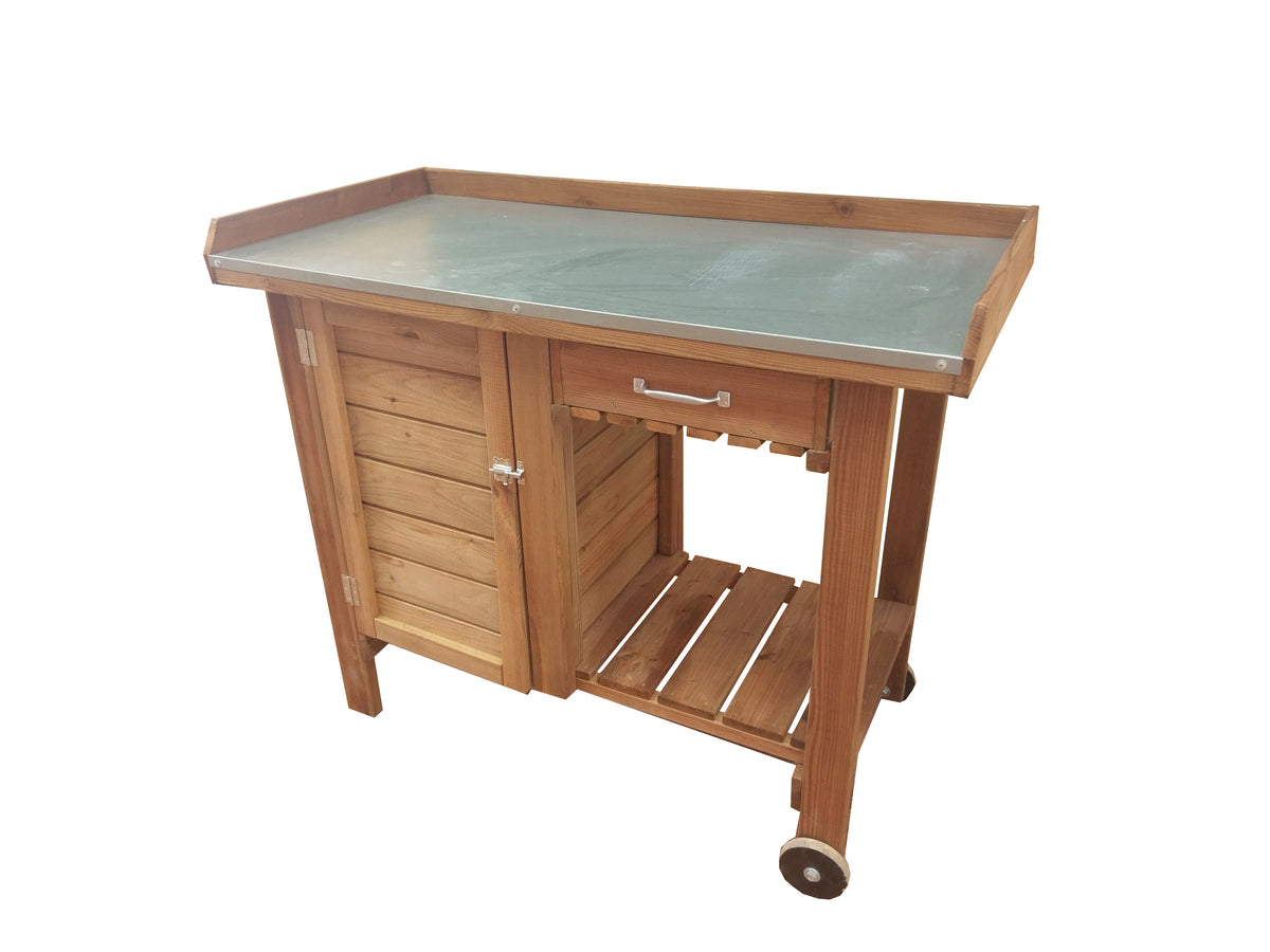 Gardener&#39;s Table with Wheels Cabinet and Drawer