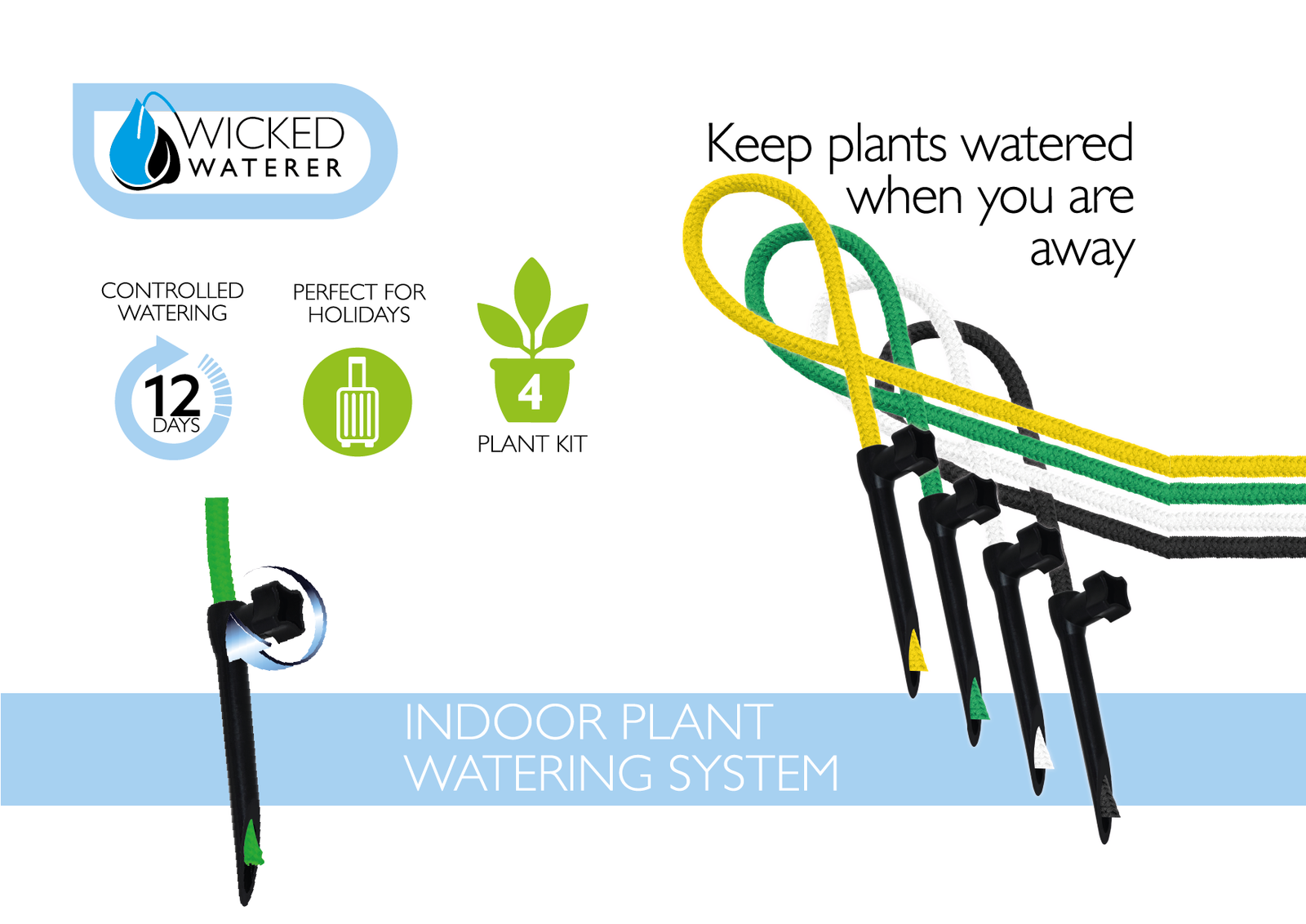 Indoor plant watering kit with four spikes and adjustable valves for controlled hydration up to 12 days, featuring colorful rot-resistant cords.