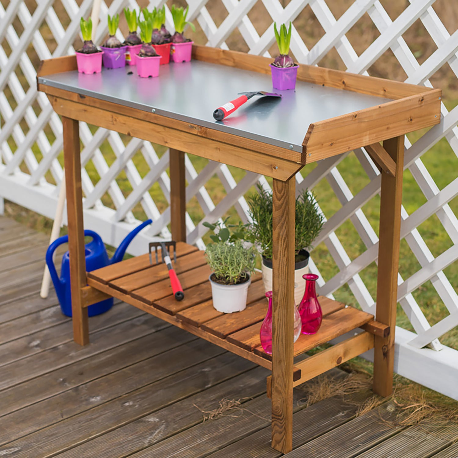 garden planting table potting bench Gardener's Table with Tin Surface