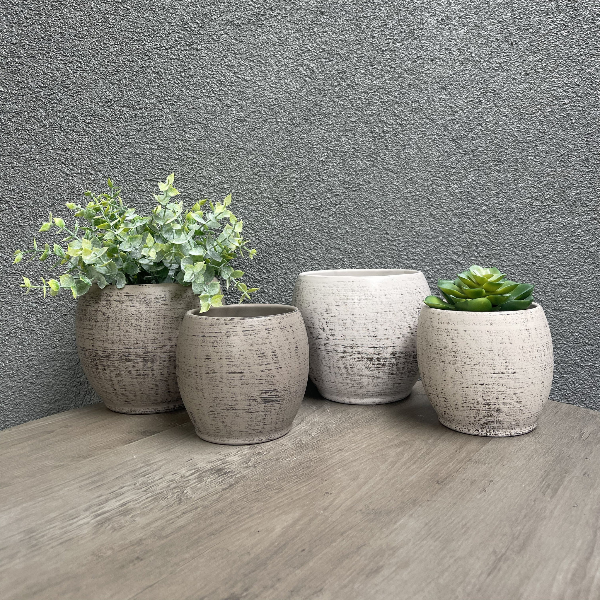 grey plant pots indoor 4-Piece Indoor Plant Set Gray & Wood Optics Brown | Plant Containers