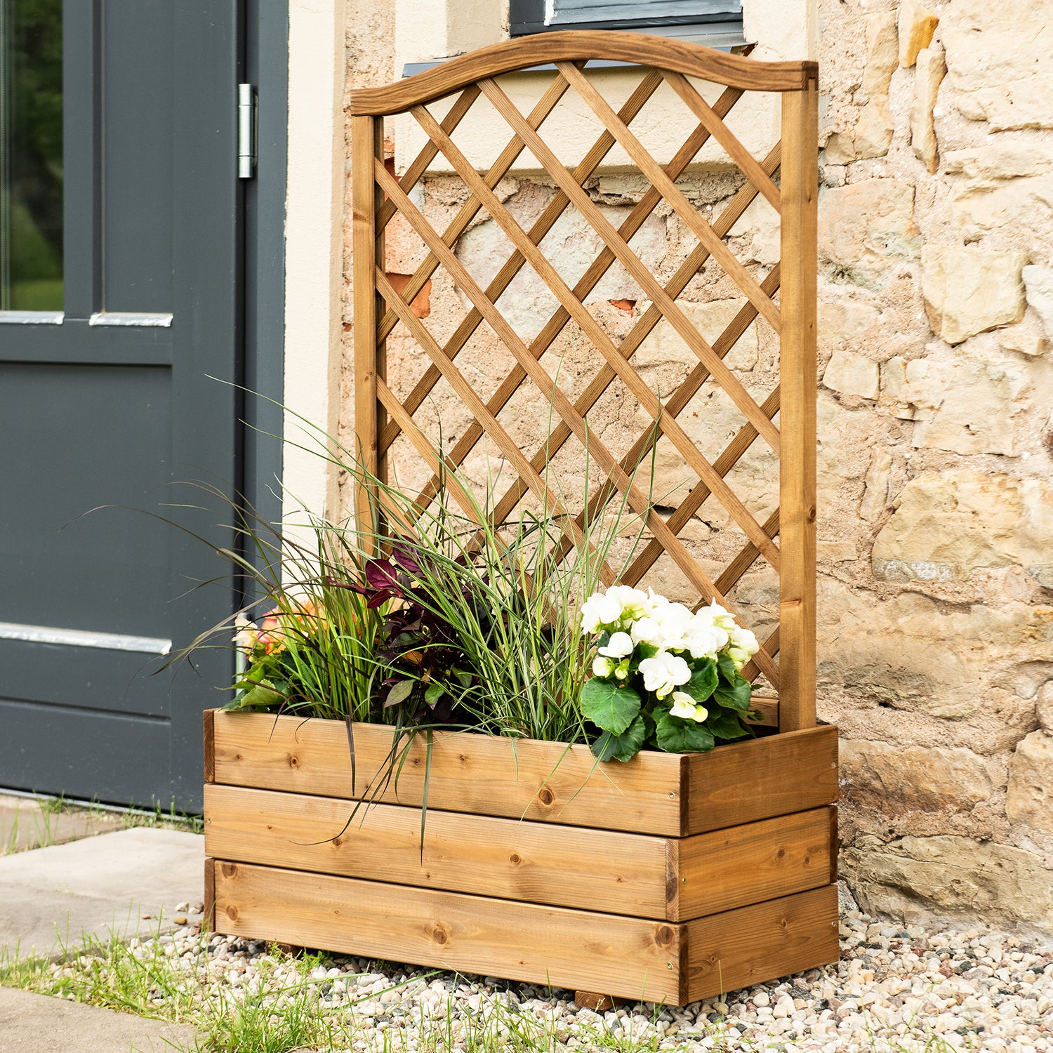 garden trellis planter box Wooden Flower Box with Scalloped Trellis, 31"L x 12.6"W x 54"H