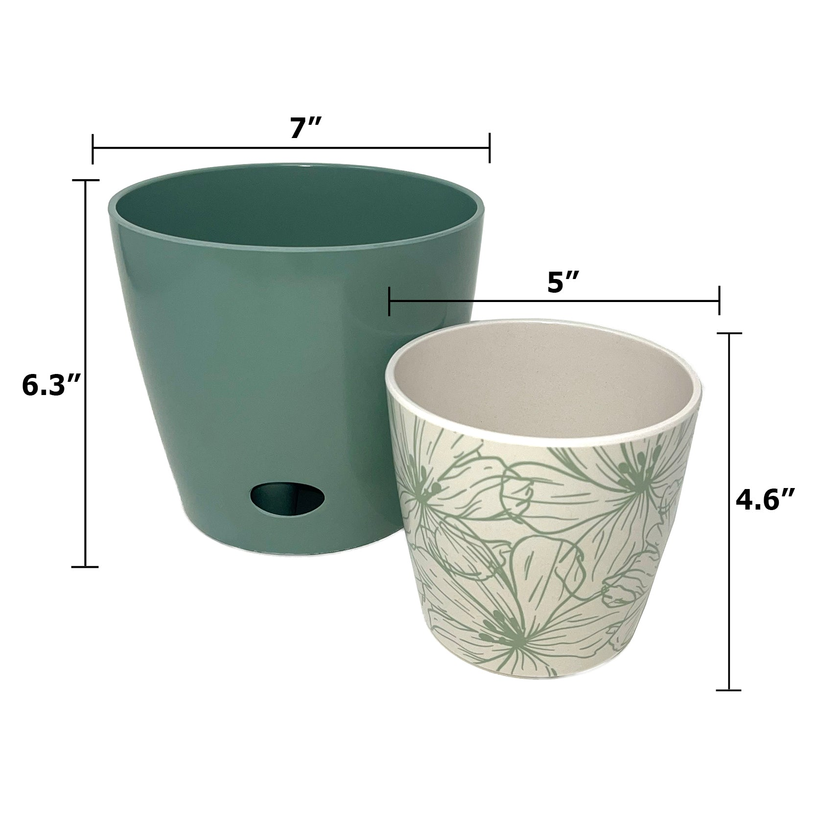 outdoor self watering plant pots Self-Watering Plant Pot Set of 2 5" Green Flower & 7" Sage Green