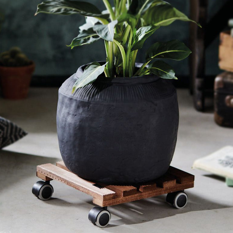 indoor plant caddy 11" Medium Wash Square Ribbed Wooden Plant Caddy
