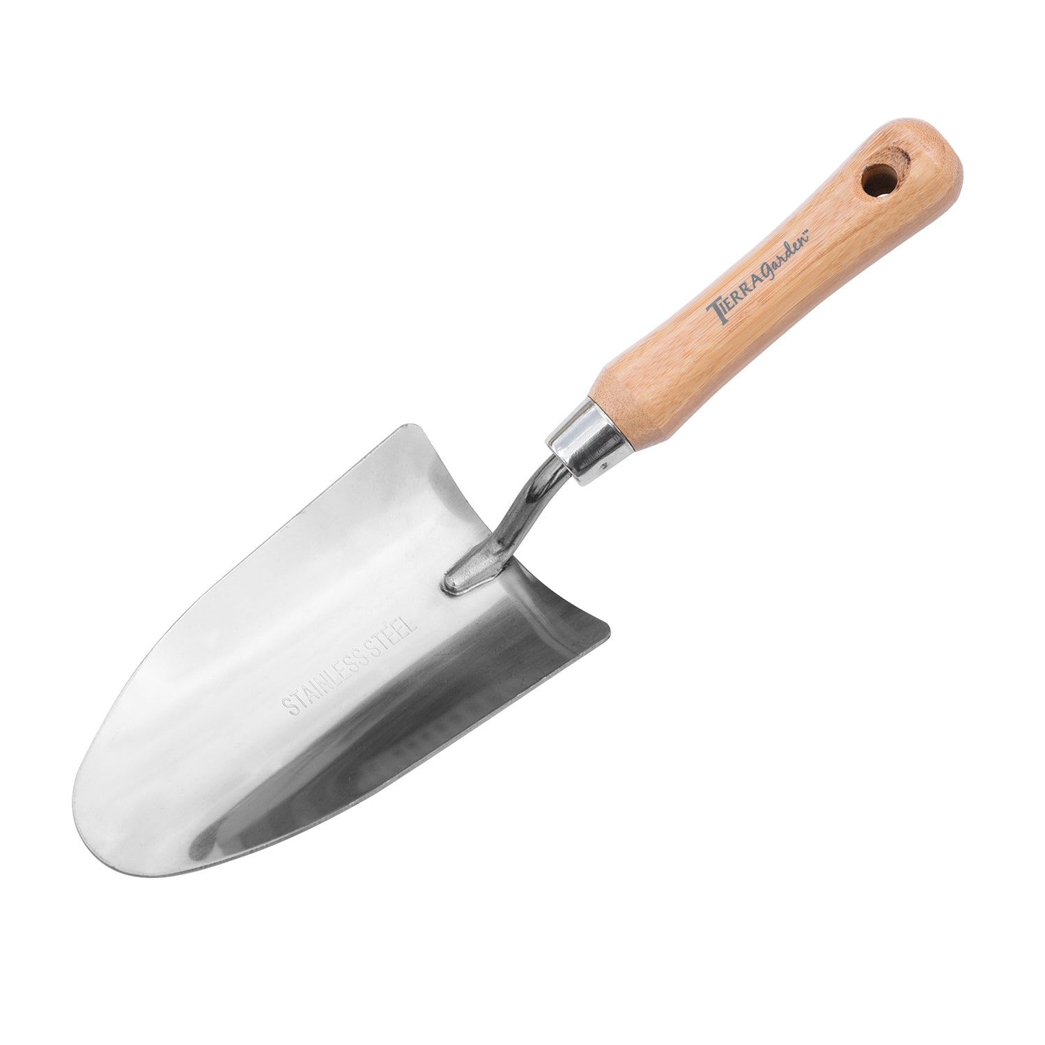 Stainless steel trowel with bamboo handle, rust-resistant, durable gardening tool.