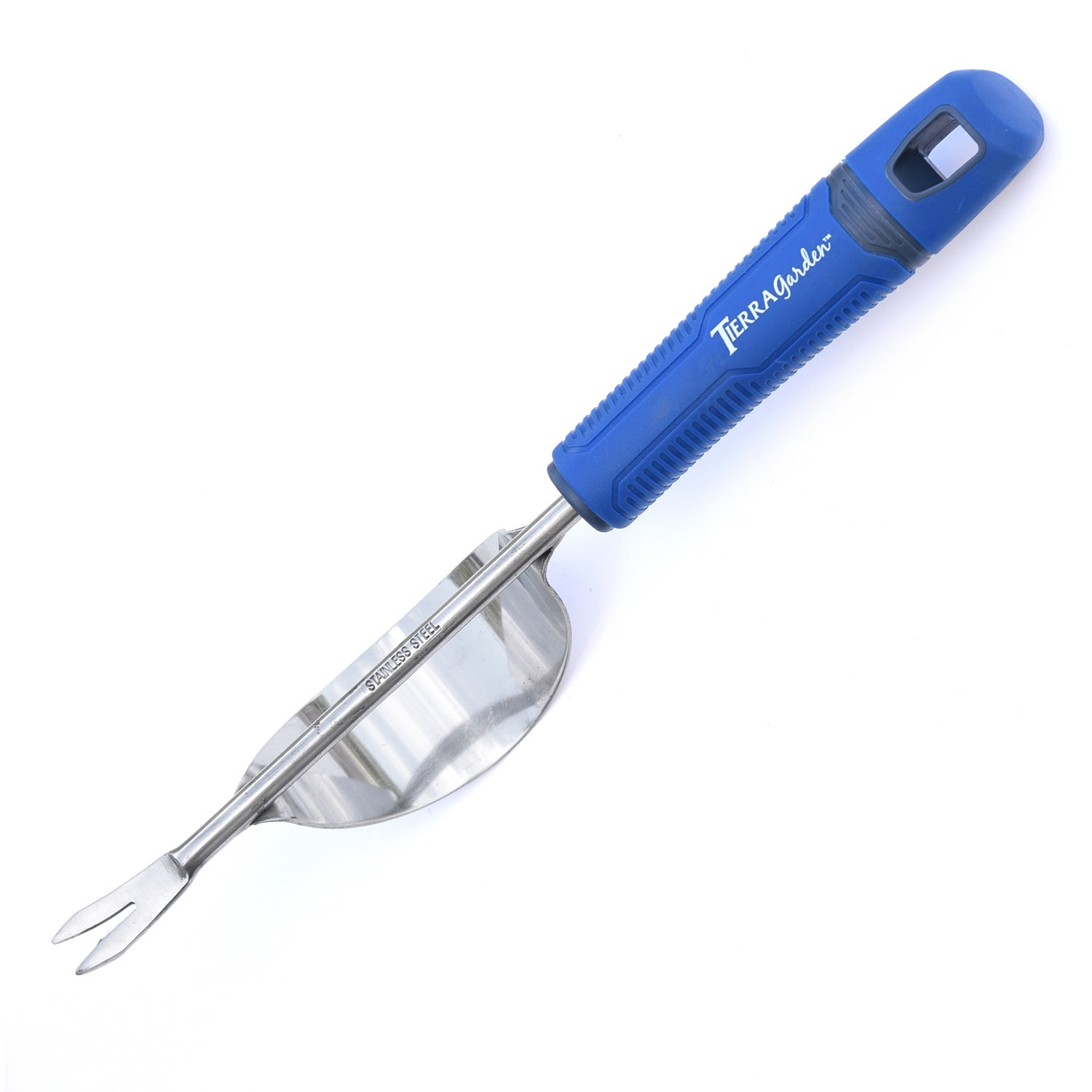 Stainless steel weeder with TPR handle for ergonomic comfort and rust resistance.