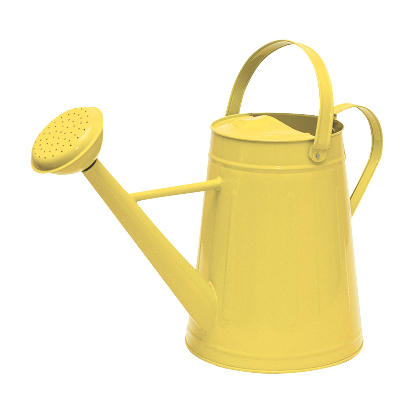 Yellow metal watering can with dual handles and sprinkler head.